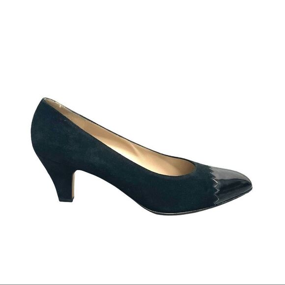 SALVATORE FERRAGAMO Suede Pumps Heel Shoes Patent Leather Black 8 - Picture 2 of 15